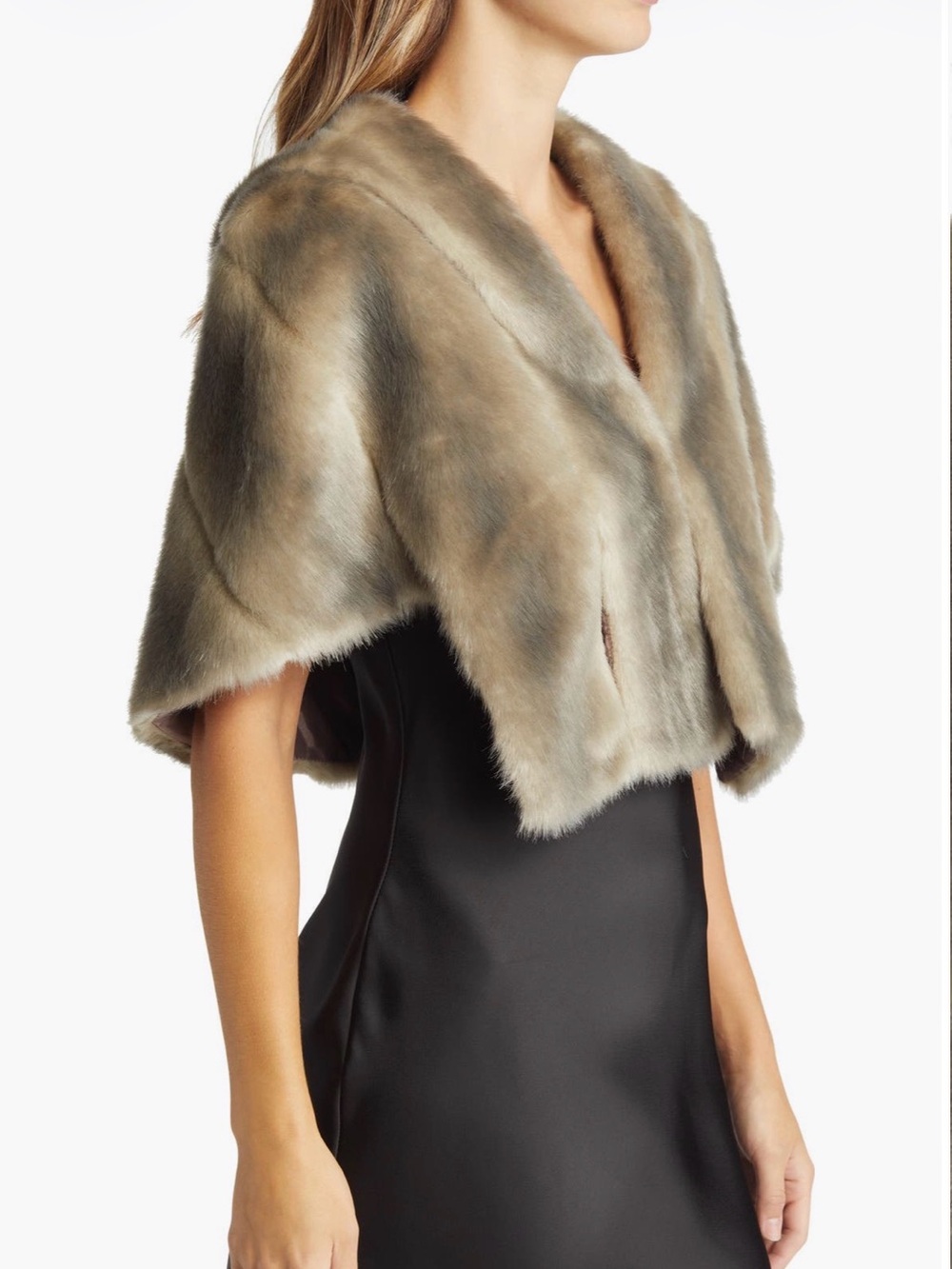 Eliza J Faux Fur Capelet in Neutral Taupe